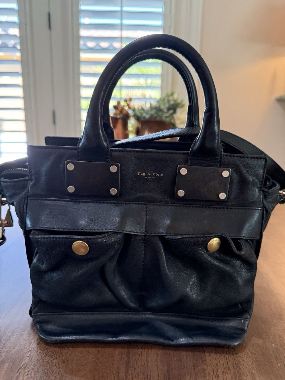 Rag & Bone Atlas Black Lamb Leather Satchel Tote Crossbody Bag Brass Hardware M